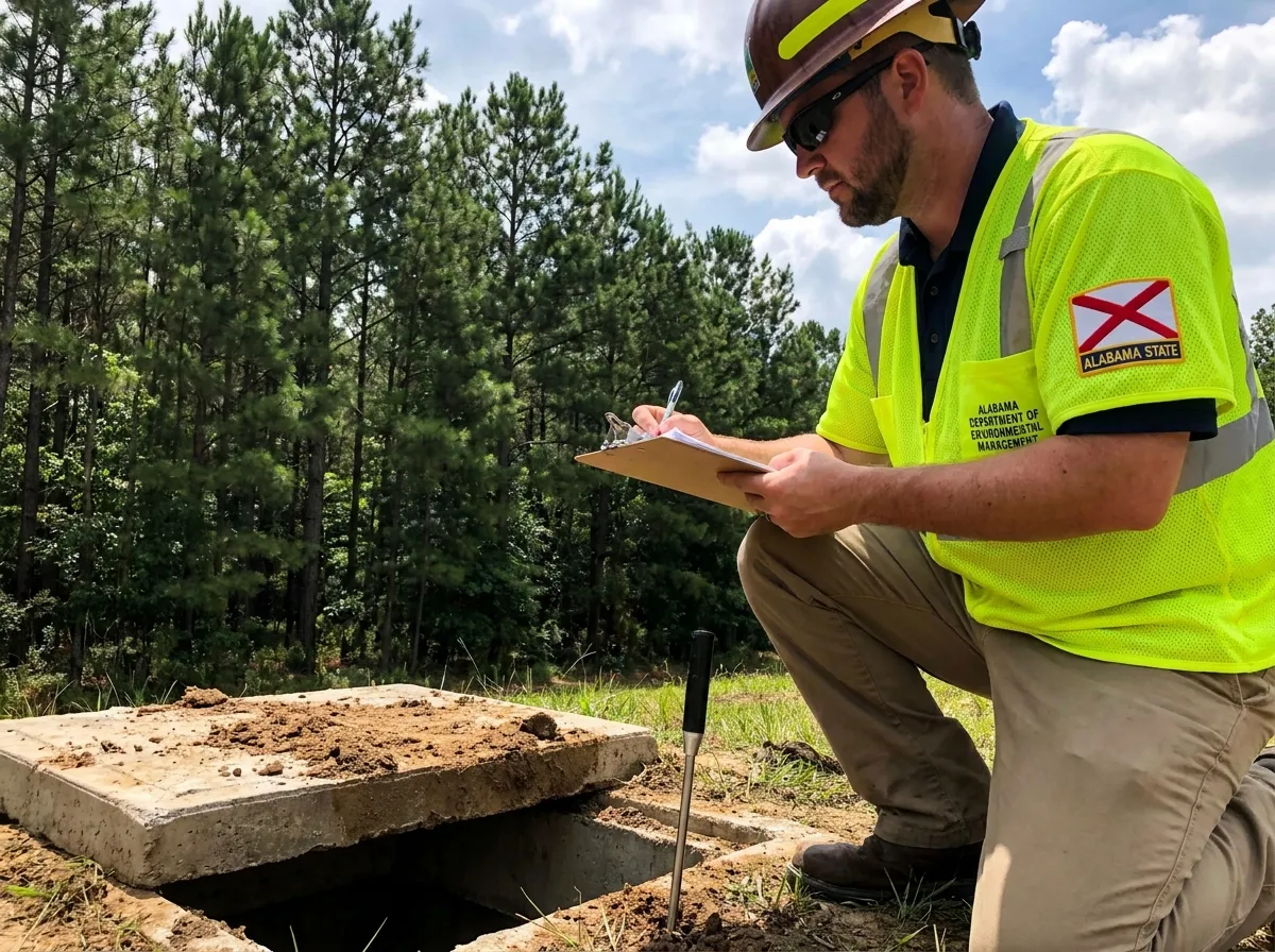 ADEM certified environmental inspector reviewing septic tank compliance in Mobile County Alabama
