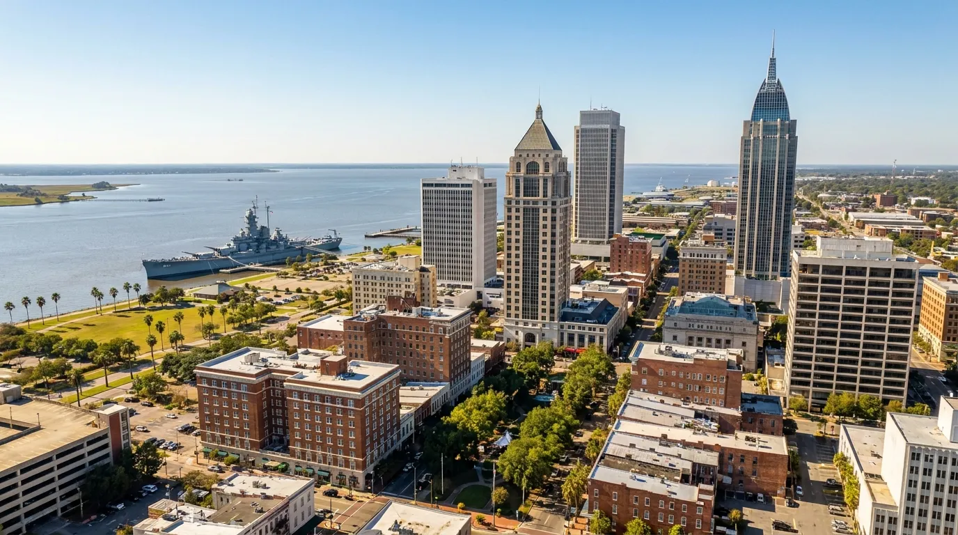 Aerial drone view of downtown Mobile Alabama skyline with Mobile Bay, Gulf Coast septic service coverage area