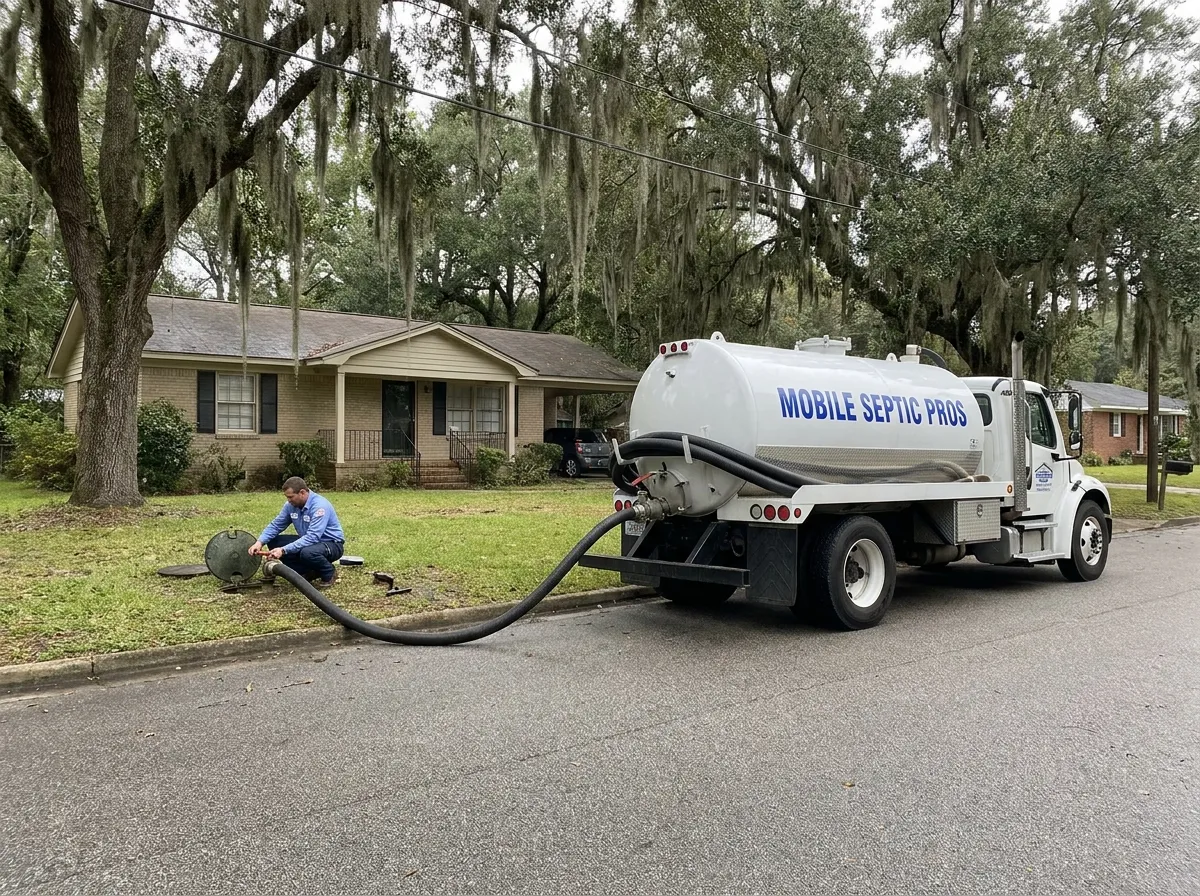 Professional septic pumping truck with hose connected to ground access port in Mobile Alabama, Spanish moss on oak trees